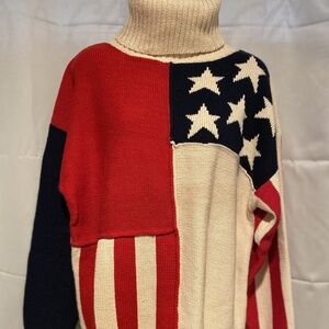 Vintage Oversized Turtleneck Sweater Size Large Red Blue Stars Stars Stripes